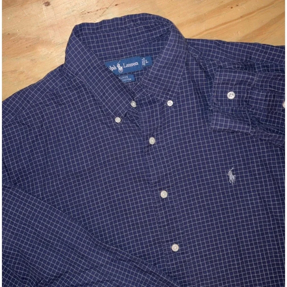 Polo Ralph Lauren Blake Navy Blue Plaid Check Button Down Mens Large Long Sleeve